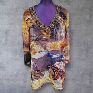 Soft Surroundings Embellished Sheer Tunic Top Abstract Colorful Blouse XL K52